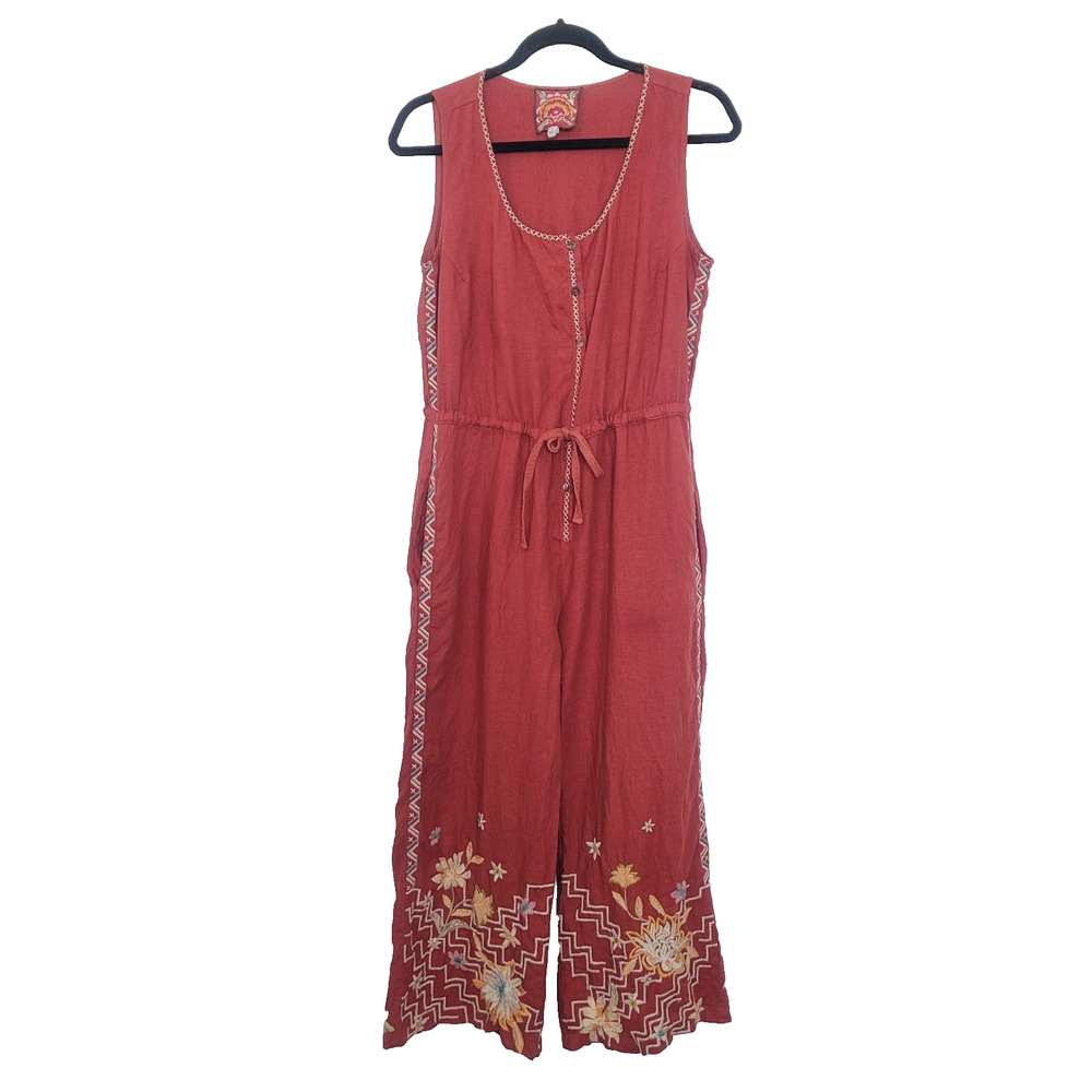 Johnny Was Elia Linen Embroidered Jumpsuit Size S Orange Boho Hippie Festival